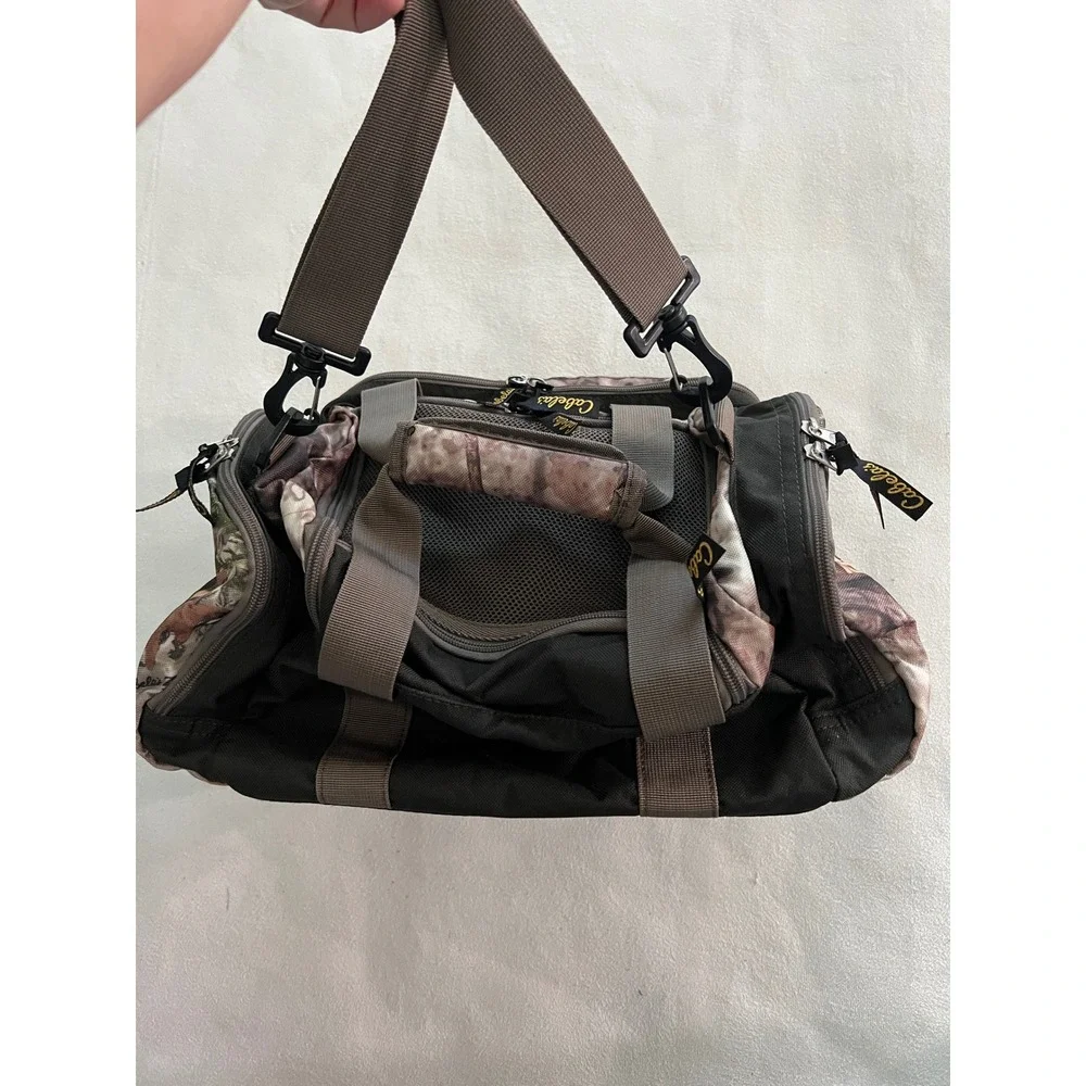 Cabelas Fishing Tackle Bag Camo Black Canvas Shoulder Strap Multi Pocket Storage